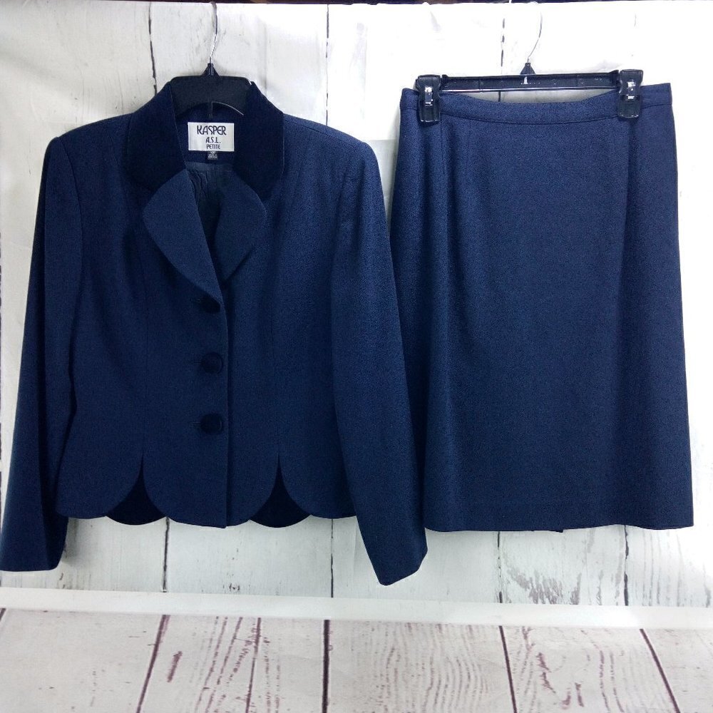 Kasper ASL Petite Womens Size 10P Wool 3 Button Blue 2pc Skirt Suit